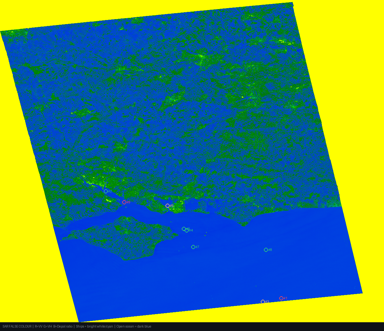 SAR false-colour overview — English Channel (Dover Strait)